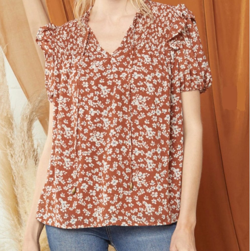 Rust Floral Short Sleeve V-neck Tie Blouse Top with Ruffles